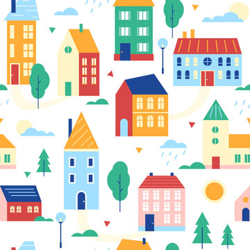 Houses seamless pattern vector illustration. Cartoon flat cute urban suburban traditional cityscape with colorful buildings, retro traditional townhouses, small cottages