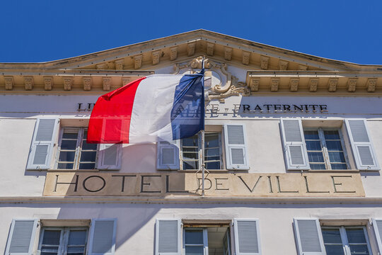 City Hall (Hotel de Ville) in Cagnes-sur-Mer. Cagnes-sur-Mer - commune of Alpes-Maritimes department, Provence Alpes -Cote d'Azur region in southeastern France. CAGNES-SUR-MER, FRANCE. July 7, 2014.