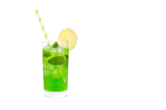 Lemonade or Cocktail Drink in coctail glass with straw, ice, mint leaves and lemon slice isolated on white background.