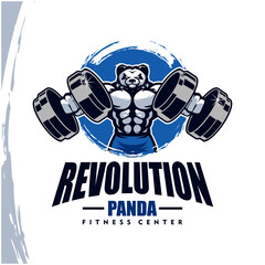 Panda with strong body, fitness club or gym logo. Design element for company logo, label, emblem, apparel or other merchandise. Scalable and editable Vector illustration.