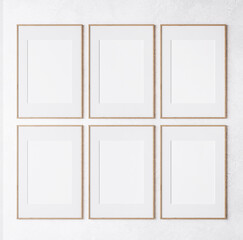 six wooden frame on white wall, frame mockup, 3d render