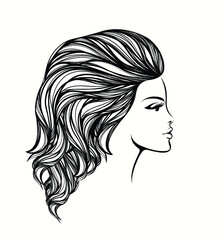 Woman with long, wavy hair and elegant makeup.Beauty salon and Hairstyle studio illustration.Beautiful young female logo.Cosmetics and spa icon.Profile view portrait.Cute girl face.