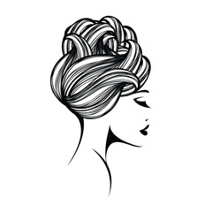 Woman with wavy hair bun and elegant makeup.Beauty salon and Hairstyle studio illustration.Beautiful young female logo.Cosmetics and spa icon.Profile view portrait.Cute lady face.