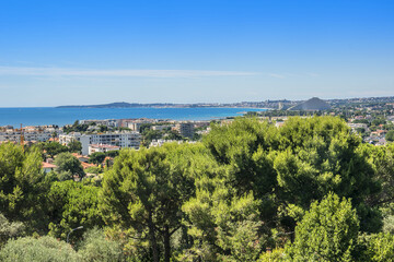Obraz premium View of picturesque valley in Cote dAzur from Cagnes-sur-Mer. Cagnes-sur-Mer (between Nice and Cannes) - commune of Alpes-Maritimes department in Provence Alpes - Cote d'Azur region, France. Europe.