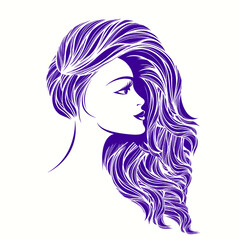 Woman with long, wavy hair and elegant makeup.Beauty salon and Hairstyle studio illustration.Beautiful young female logo.Cosmetics and spa icon.Profile view portrait.Cute girl face.
