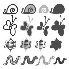 Vector isolated stylised set with abstract simple insects bees, worms, snails