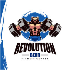 Bear with strong body, fitness club or gym logo. Design element for company logo, label, emblem, apparel or other merchandise. Scalable and editable Vector illustration