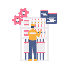 illustration of a worker standing in front of an electric circuit or a machine. the concept of a PLC programmer, electrician, factory worker. flat design. can be used for elements, landing pages, UI