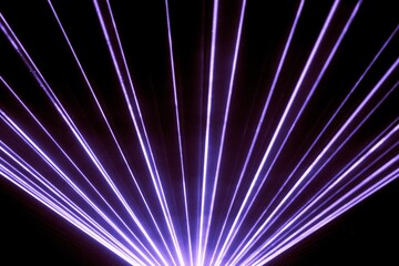 Purple laser show nightlife club stage shining sparkling rays. Luxury entertainment in nightclub event, festival, concert or New Years Eve. Ray beams are symbol for science and universe research - 366488082