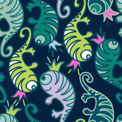 Vector seamless lined colorful pattern of abstract cartoon lizards on dark