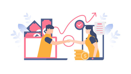 the concept of teamwork, agreements, partners. male and female illustrations emerge from laptops and smartphones and are shaking hands. flat design. can be used for elements, landing pages, UI