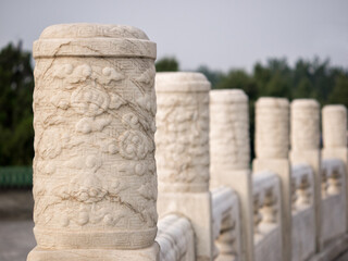 Close up old chinese marble columns carved.