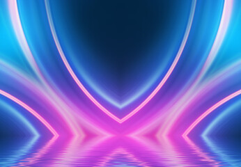 Abstract dark futuristic background. Neon rays of light are reflected from the water. Background of empty stage show, beach party. 3d illustration