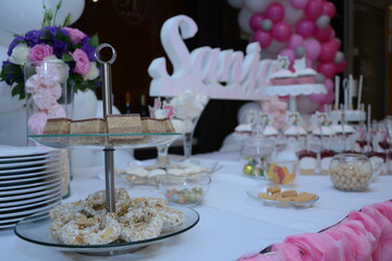 Delicious sweet table in restaurant