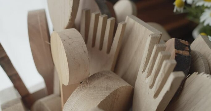 Bunch of wood billets for making wooden products extreme close-up