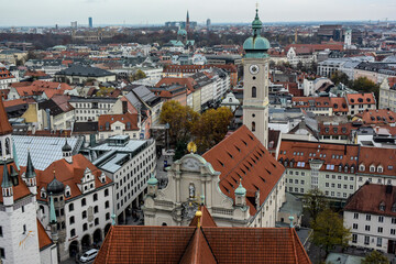 Fototapeta na wymiar Aerial view to historical center with Old Town Hall and Heiliggeistkirche in Munich, Bavaria, Germany. October 2014