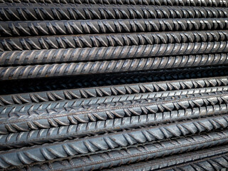 Steel Rebars for reinforced concrete. Closeup of Steel rebars. Geometric alignment of Rebars on construction site