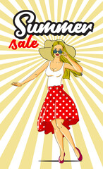 Summer poster design. Cartoon style girl. Vector illustration.