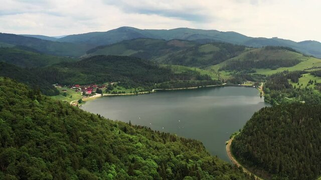 Aerial view of the Palcmanska masa water reservoir in the village of Dedinky in Slovakia
