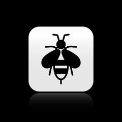 Black Bee icon isolated on black background. Sweet natural food. Honeybee or apis with wings symbol. Flying insect. Silver square button. Vector.