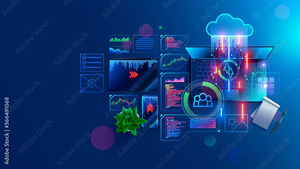 Fototapete Program code create on laptop on programmer workplace. Coding, optimization and testing app, site on mobile devices. Text of program consists of functions on programing languages. IT technology banner