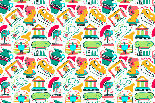 museum seamless pattern in trendy naive style with white backgrund. Creative history wallpapper for boys and girls