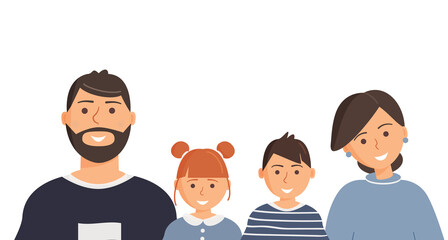 Happy cute family portrait of parents and kids: father, mother, son and daughter isolated on the white background. Family of four members. Modern flat cartoon colorful raster illustration