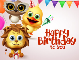 Happy birthday animal characters vector banner template. Happy birthday to you greeting text with party animals friends character and colorful element for kids celebration greeting card.