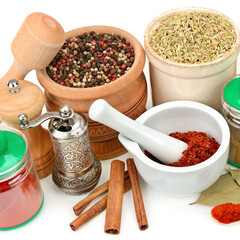 Set of spices and seasonings isolated on a white background.