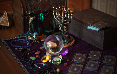 Tarot cards, Concept of fortune telling and predictions, magical rituals and wicca elements on a...
