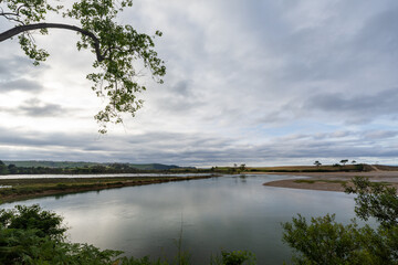 Aquatic landscape of the river, cloudy sky, with trees and vegetation, in the Oyambre natural park in Cantabria, horizontal