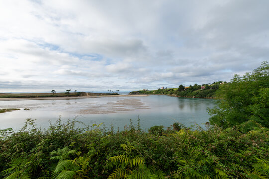 Horizontal view of the Ria de la Rabia, a cloudy afternoon, with vegetation, in the Oyambre natural park in Cantabria, horizontal