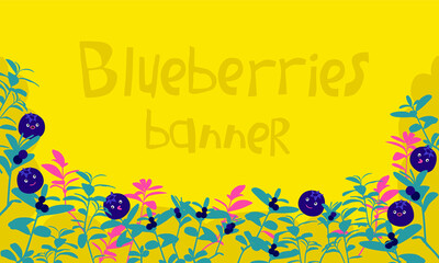 Banner with cartoon funny blueberries. Horizontal vignette with berry pattern.