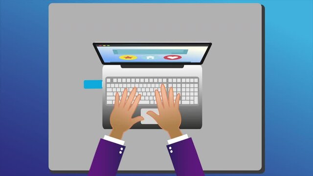 4k animaton video where person working with pc and usb.