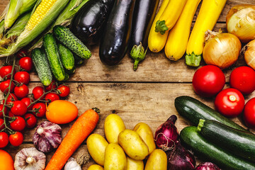 Harvest a variety of ripe vegetables from fresh cucumbers, tomatoes, eggplants, zucchini, onions, garlic, potatoes, carrots