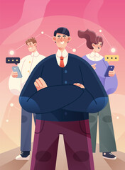 Succesfull team poster illustration concept. Group of business people with businessman leader on foreground. Vector
