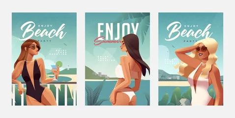 Foto op Canvas Set of posters with girl relaxing on the beach. Summer vacation posters or flyer design template with sexy females on the beach. Party invitation. Modern style. Vector illustration © stonepic
