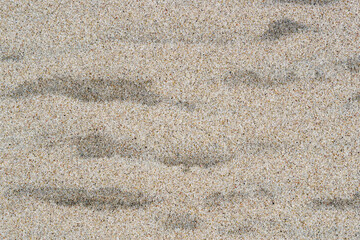Sandy, grainy, granular surface of orange, gray, white, beige, and brown grains of sand with wavy spots of dark, wet sand, closeup shot on beach of sea coast. Natural mineral background for design.