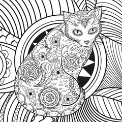 Cat on abstract square pattern. Hand drawn abstract patterns on isolation background. Black and white illustration for colouring