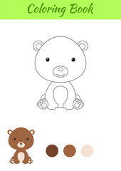 Coloring page little sitting baby bear. Coloring book for kids. Educational activity for preschool years kids and toddlers with cute animal. Flat cartoon colorful vector stock illustration.