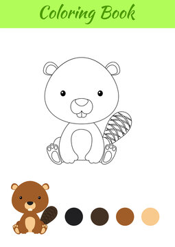 Coloring page little sitting baby beaver. Coloring book for kids. Educational activity for preschool years kids and toddlers with cute animal. Flat cartoon colorful vector stock illustration.