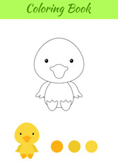 Coloring page little sitting baby duck. Coloring book for kids. Educational activity for preschool years kids and toddlers with cute animal. Flat cartoon colorful vector stock illustration.