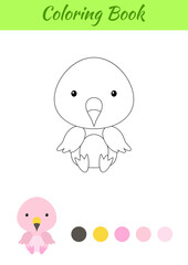 Coloring page little sitting baby flamingo. Coloring book for kids. Educational activity for preschool years kids and toddlers with cute animal. Flat cartoon colorful vector stock illustration.
