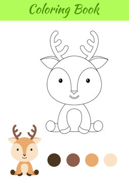 Coloring page little sitting baby deer. Coloring book for kids. Educational activity for preschool years kids and toddlers with cute animal. Flat cartoon colorful vector stock illustration.