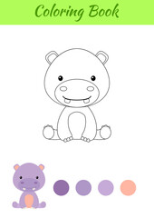 Coloring page little sitting baby hippo. Coloring book for kids. Educational activity for preschool years kids and toddlers with cute animal. Flat cartoon colorful vector stock illustration.