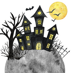 Halloween holiday Castle, bat, moon, tree. Party card decorations design. Watercolor Cartoon illustration isolated on white background. Halloween spooky night house.