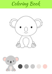 Coloring page little sitting baby koala. Coloring book for kids. Educational activity for preschool years kids and toddlers with cute animal. Flat cartoon colorful vector stock illustration.