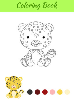 Coloring page little sitting baby jaguar. Coloring book for kids. Educational activity for preschool years kids and toddlers with cute animal. Flat cartoon colorful vector stock illustration.