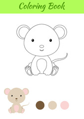 Coloring page little sitting baby mouse. Coloring book for kids. Educational activity for preschool years kids and toddlers with cute animal. Flat cartoon colorful vector stock illustration.