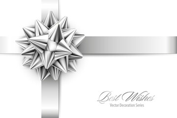 Vector Silver Realistic Bow with Ribbons Isolated on Transparent Background